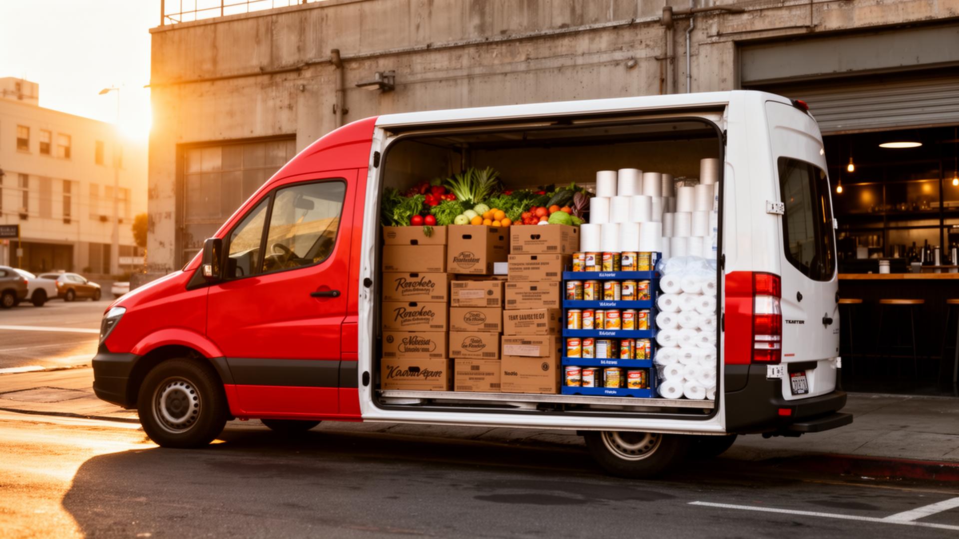 Delivery van loaded with restaurant supplies